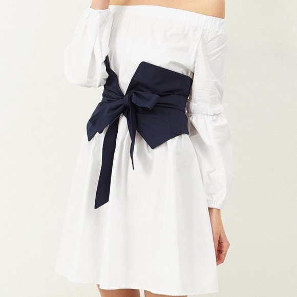 Dresses & Skirts - White Off-the-Shoulder Dress w/ Navy Waist Tie – Size S